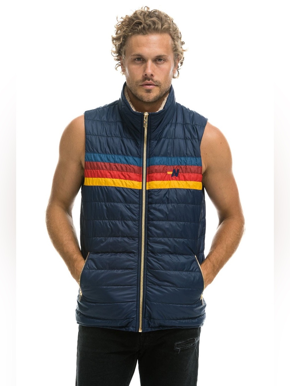 Unisex Aviator Nation Navy Quilted 4 Stripe Sherpa Vest Blue,Red,Yellow Stripe L